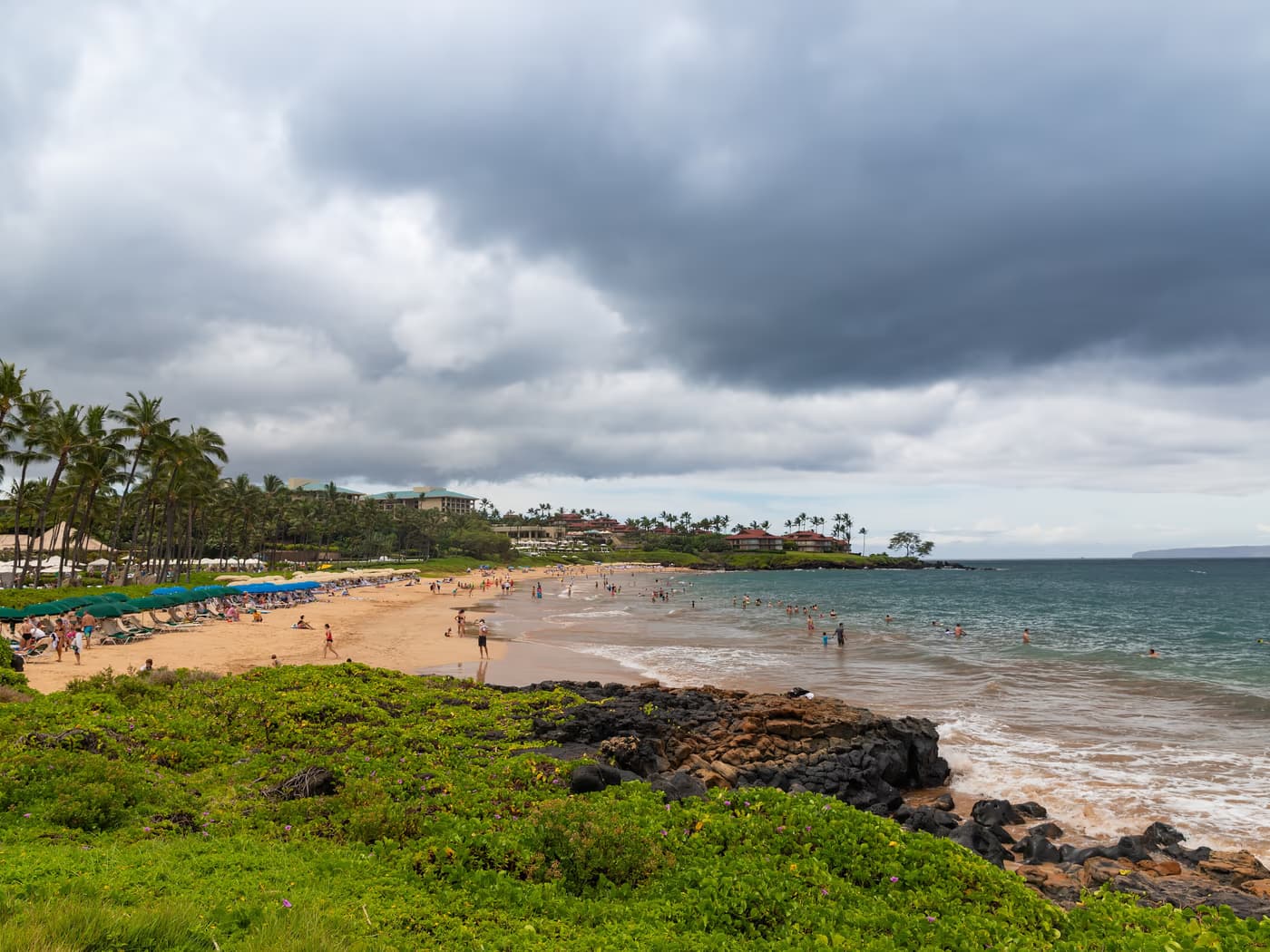Loungers and palms on the sand at Wailea Beach, Maui